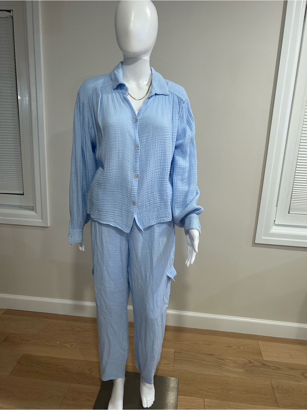 Red Haute 
Light Blue Cotton Gauze Cargo Pants & Top